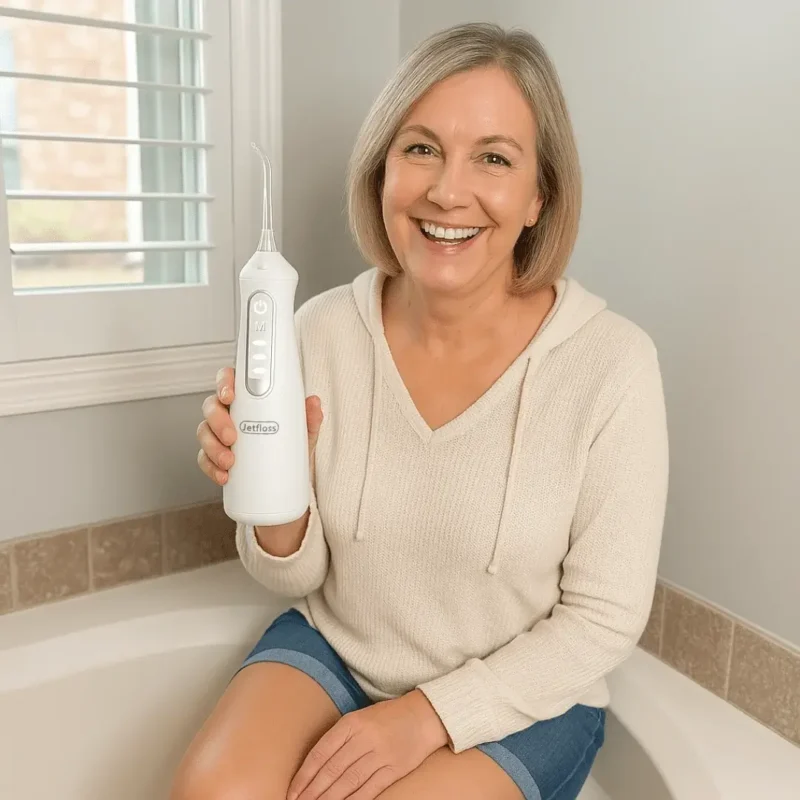 Mulher de 40 anos mostrando o irrigador dental jetfloss no banheiro
