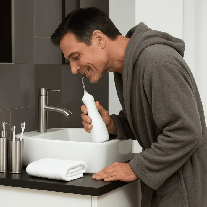 Homem utilizando irrigador dental jetfloss no banheiro