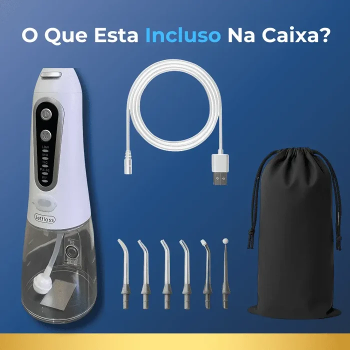 O que esta incluso na caixa do irrigador dental jetfloss branco