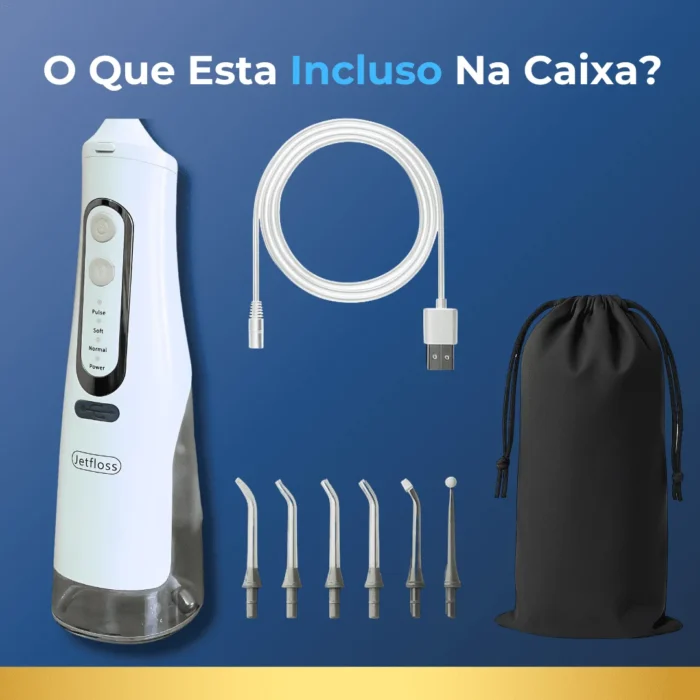 O que esta incluso na caixa do irrigador dental jetfloss ultra