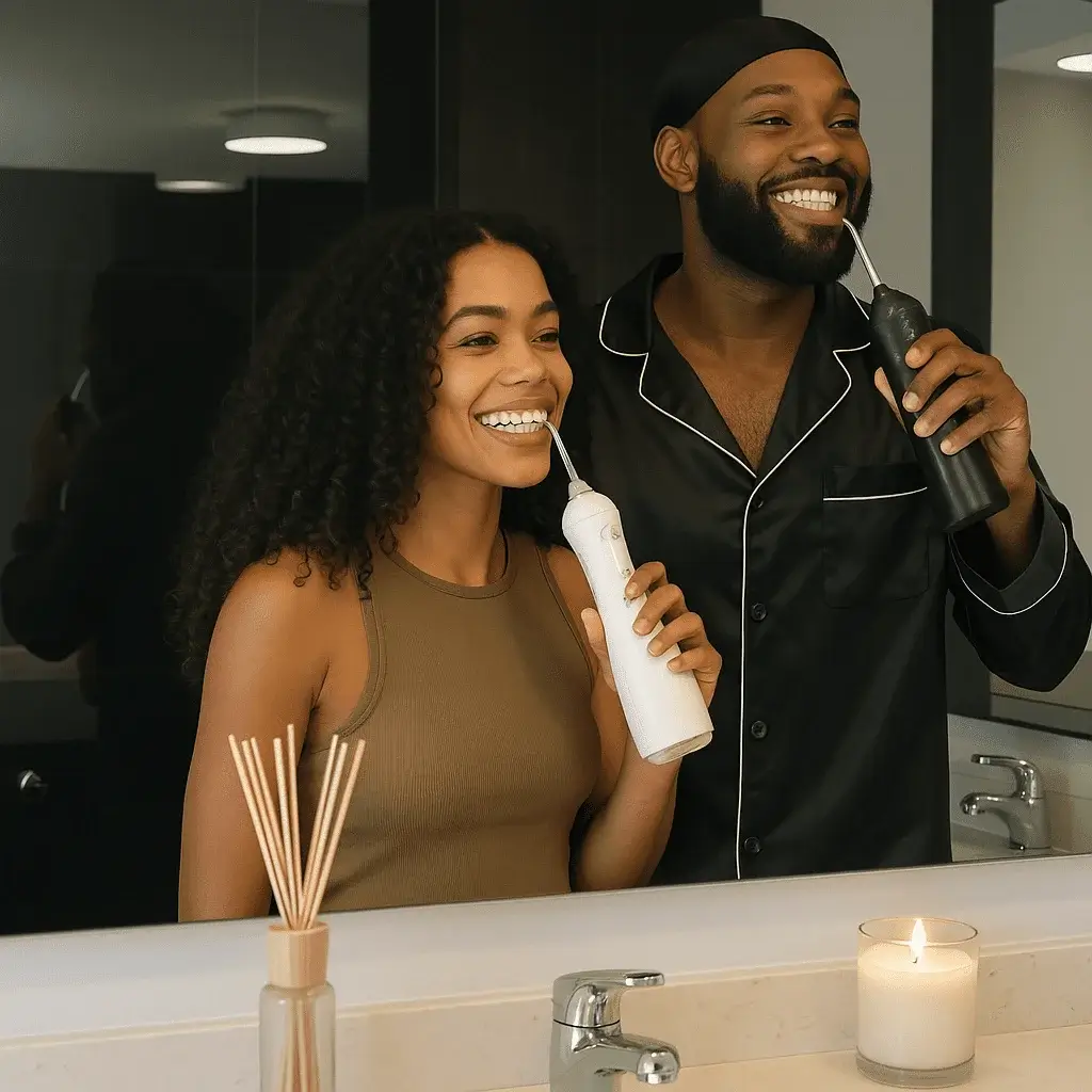 Casal utilizando irrigador oral jetfloss no banheiro