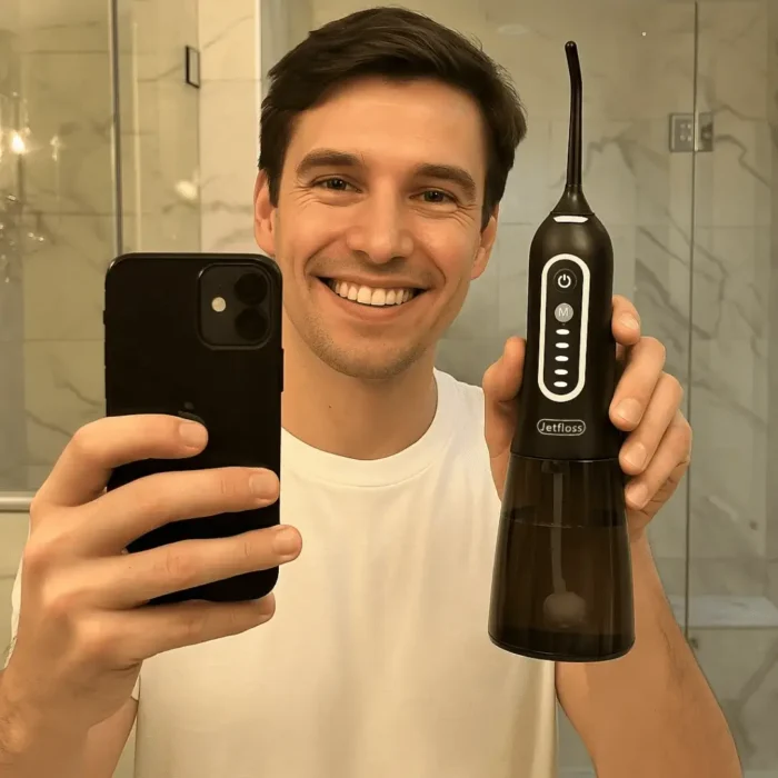 Homem de 26 anos mostrando irrigador dental Jetfloss Preto